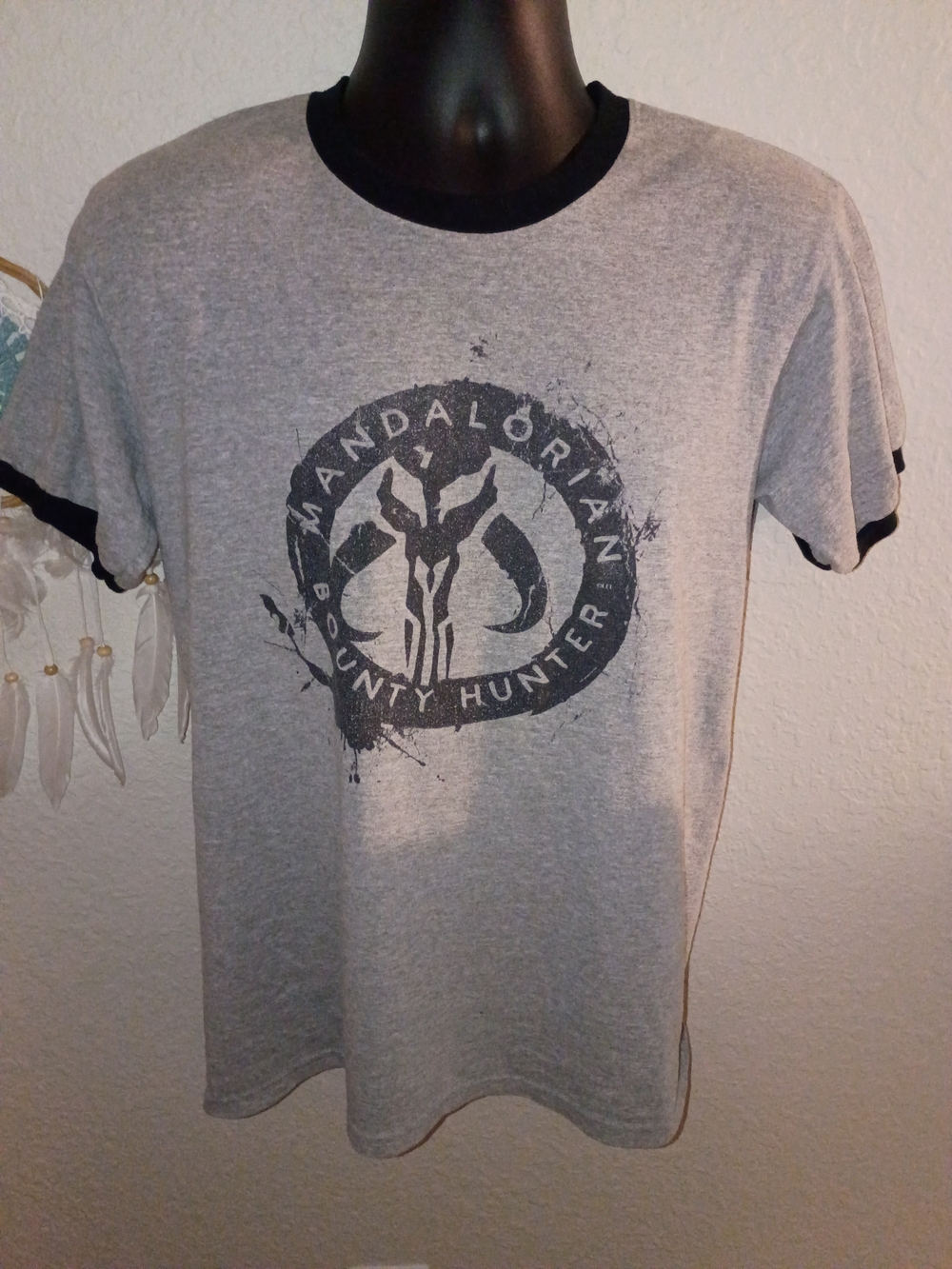 Star Wars Grey Ringer Tee with Black Trim - Mandalorian Bounty Hunter Graphic